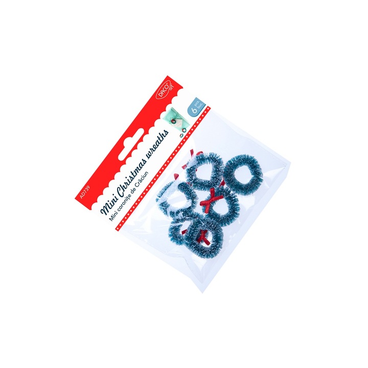 Set 6 Mini Coronițe de Crăciun DACO, diametru 4cm, material plastic și textil, pentru proiecte creative