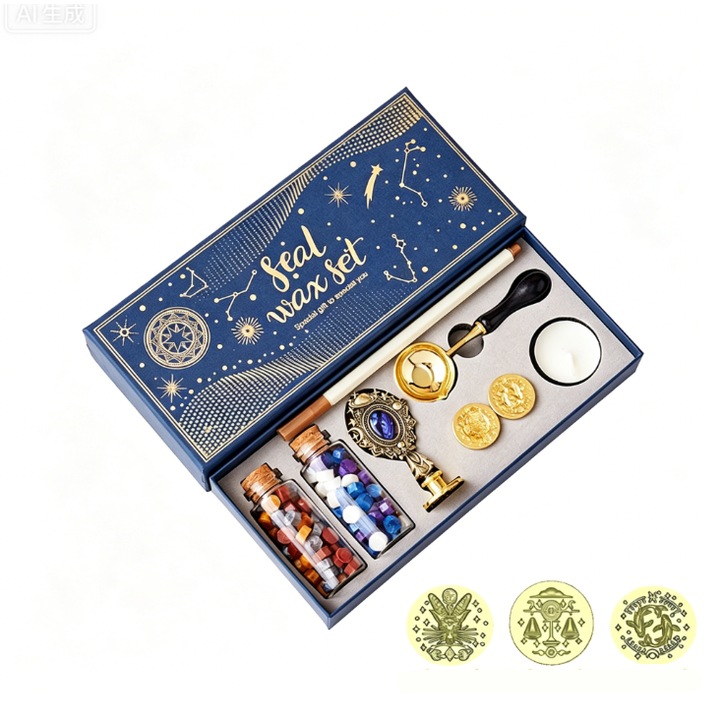 Set de timbre cu ceara, cu maner din lemn, sigilii din cupru, pentru plicuri si ambalaje cadou