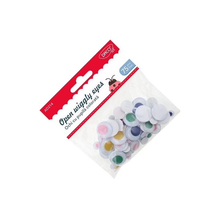 Set 75 Ochi Mobili cu Pupile Colorate DACO, variate 8x10x15x20mm, plastic, creativitate pentru copii 5 ani+