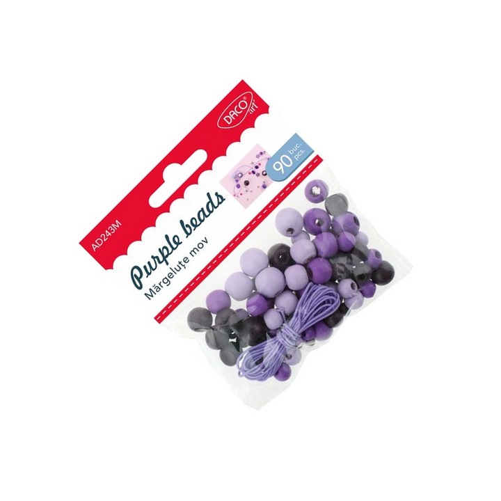Set Margele din Lemn Mov, Daco, 90 bucăți, pentru crafturi creative, 1m elastic, 7+ ani