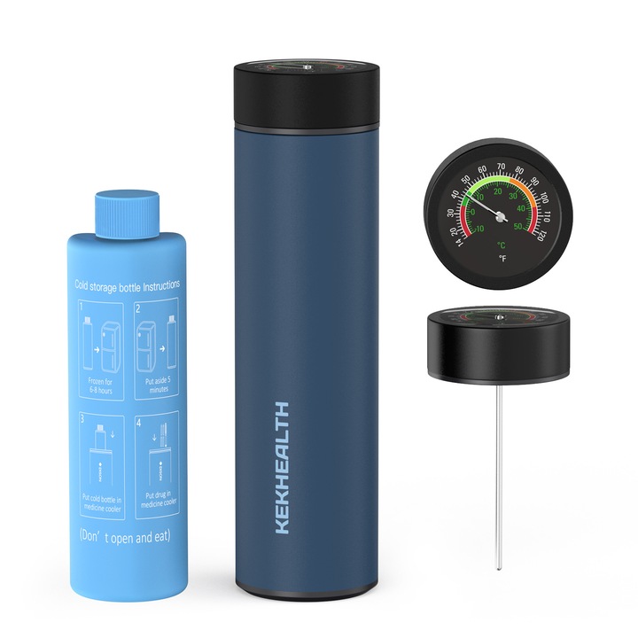 Termos portabil pentru insulina, capacitate 2-3 stilouri, KEKHEALTH ODYSSEY Termometru Mecanic, Navy Blue