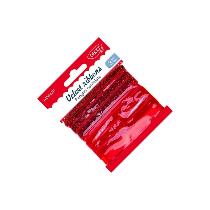 Set 3 Panglici Catifelate, Daco, Rosu Intens, 1cm x 3m, variate