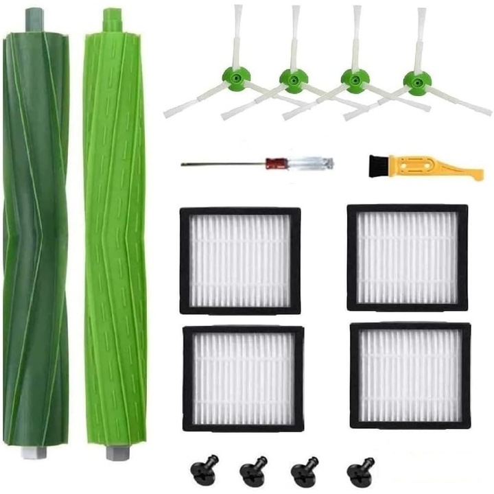 Set piese de schimb pentru aspiratoare iRobot Roomba i, e si j, 1 set perii din cauciuc multifunctionale, 4 filtre HEPA, 4 perii laterale