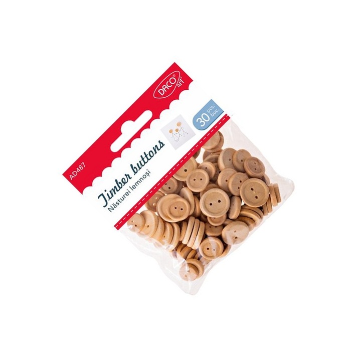 Set 30 nasturi lemnoși Daco, dimensiuni variate, pentru proiecte creative, 5 ani+