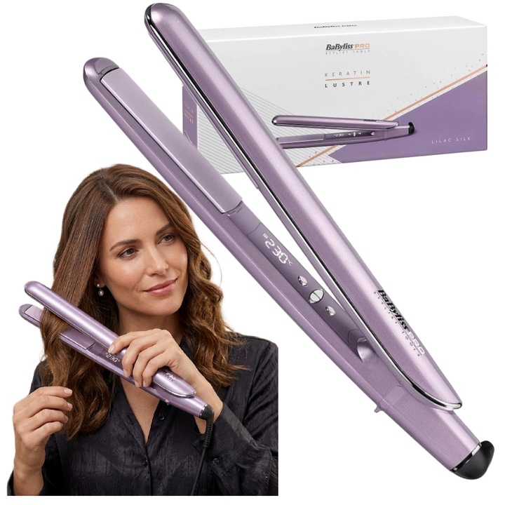 Placa de indreptat parul Babyliss PRO Keratin Lustre, ceramica cu keratina si uleiuri, Lilac Mist, 25x120mm, set cu adaptor UK-EU si etui