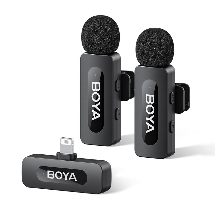 Microfoane wireless BOYA by-V2 pentru iPhone iPad cu port Lightning certificat MFi, raza de actiune de 100 m, durata de viata a bateriei de 9 ore, reducere a zgomotului, mini microfon cu clips pe rever, wireless pentru inregistrare video