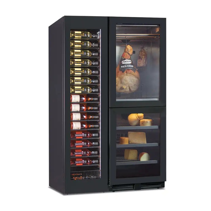 Racitor profesional de vin si frigider de carne/branzeturi KlimaItalia, 112 sticle, H180 cm, 3 zone de racire, pastreaza vinul/alimentele la temperatura ideala, 15 rafturi pentru vin, bare metalice pentru suspendarea carnii, compresor, lumina LED, negru