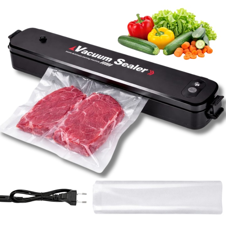 Aparat Profesional de Vidat si Sigilat Alimente Vacuum Infiniteea™️, 90W, Utilizare Produse Umede Si Uscate, Carcasa ABS, Design Compact 37x7x5 cm, 0.6kg, Sistem de Etansare Rapid, Include Pungi Cadou, Negru
