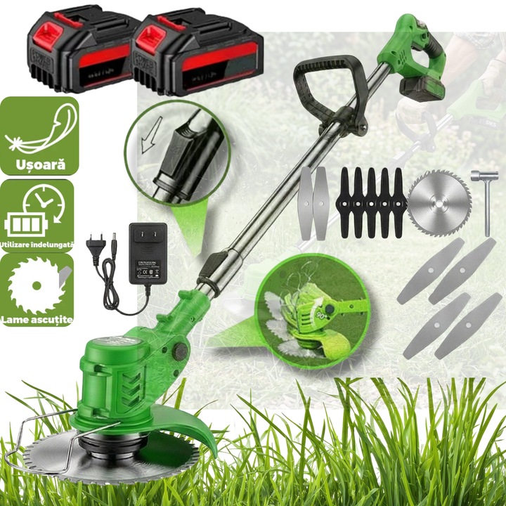 Motocoasa Electrica Fara Fir Infiniteea™️, 18000 RPM, 2 Acumulatori 24V, Brat Ajustabil, Design Ergonomic, Set Complet, Disc 15cm, 2 Lame Metal, 5 Lame Plastic, Incarcator, Ideala pentru Gazon, Buruieni si Arbusti, Puternica si Portabila, Verde