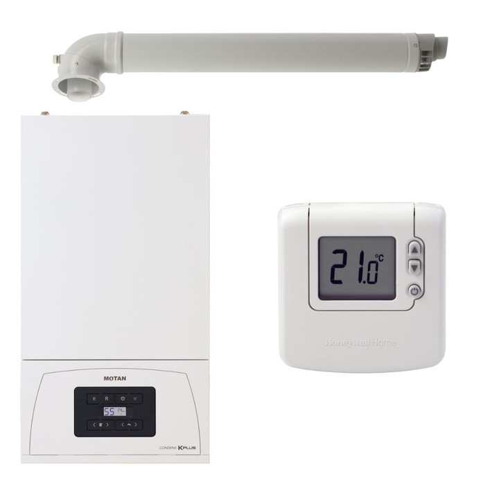 Pachet centrala pe gaz MOTAN Condens KPlus 22.5 kW, in condensare, Clasa A, C38GC20V1, termostat Honeywell wireless DT92 si kit de evacuare RTM inclus