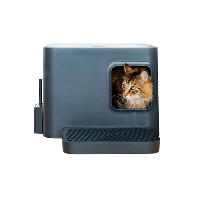 Litiera acoperita pentru pisici Hoopo, Dome Plus, potrivita pentru majoritatea raselor de pisici, dimensiuni intrare 18 x 17 cm, design slim, grilaj exterior eficient anti-risipire nisip, intimitate/confort pentru pisica, spatiu generos, antracit