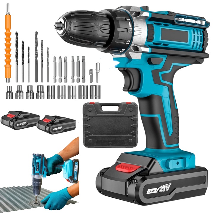 Masina de gaurit si insurubat (Bormasina) Infiniteea™️, Acumulator 2000 mAh Li-Ion, 35Nm, 2 Trepte (400/1400 RPM), Mandrina Rapida 0.8-10mm, Include 32 Accesorii si Cutie de transport tip BMC, culoare Negru Albastru