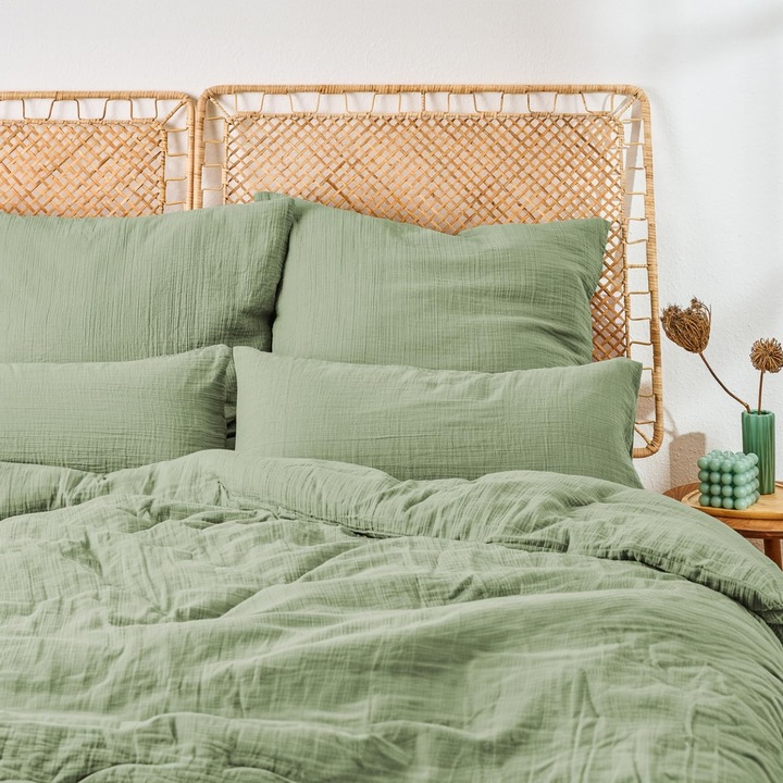 Muszlin ágynemű, Oeko-TEX minősítéssel: paplanhuzat 135x200 + párnahuzat 80x80, zöld