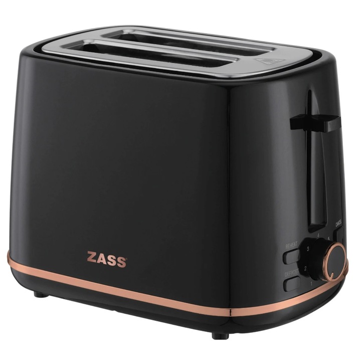 Prajitor de paine Zass, 930W, 2 felii, 7 trepte, functie ridicare felii, dezghetare, reincalzire, anulare, tava firimituri, protectie supraincalzire, antialunecare, negru cu auriu, 1kg, 0.6m