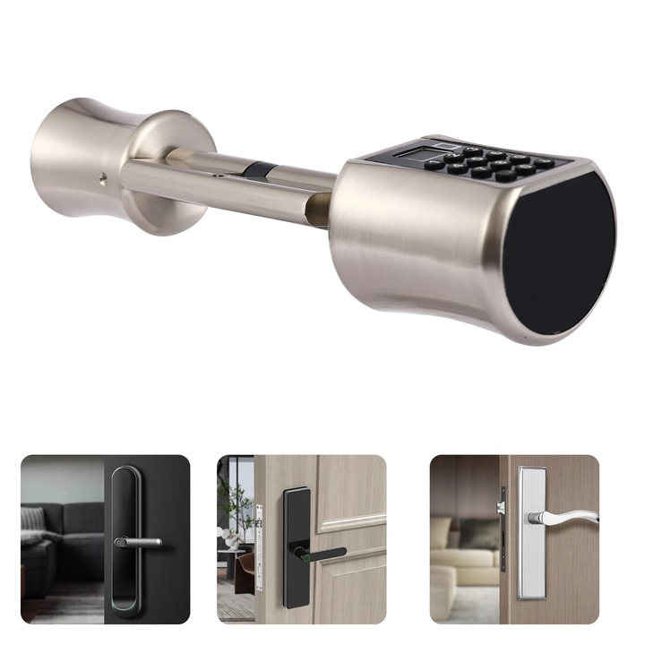 Cilindru electronic pentru usa, C001D, Amprenta & PIN, Antifurt, Otel inoxidabil, Pentru usi de lemn, Interior, Argintiu