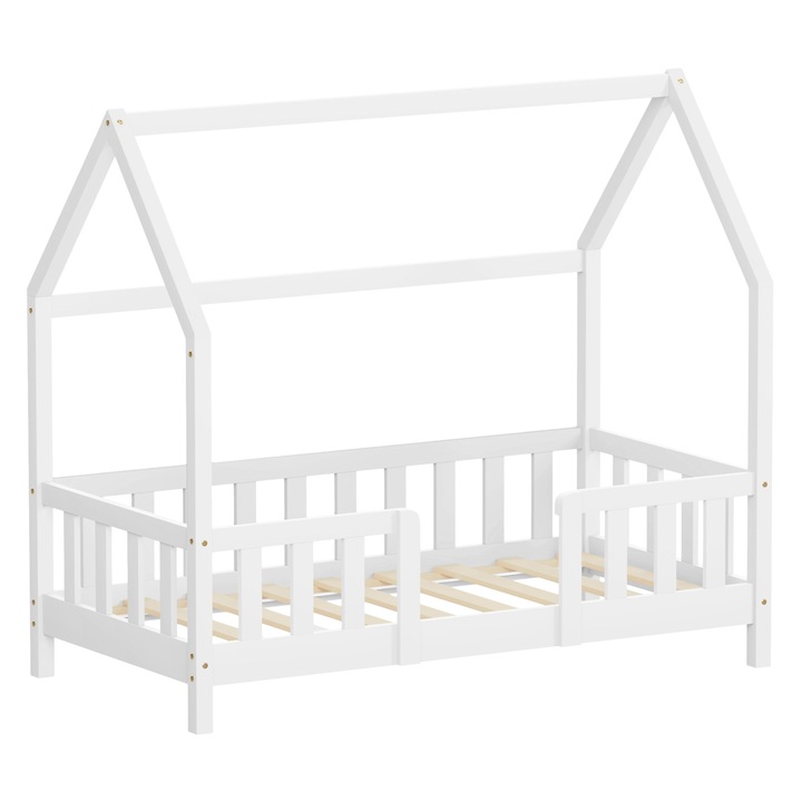 ML-Design gyermekházikó ágy 70 x 140 cm, robusztus tömör fenyőfa keret, fehér színű, leesésgátlóval, tetővel és léces ágyráccsal, Montessori bútor fiúknak és lányoknak