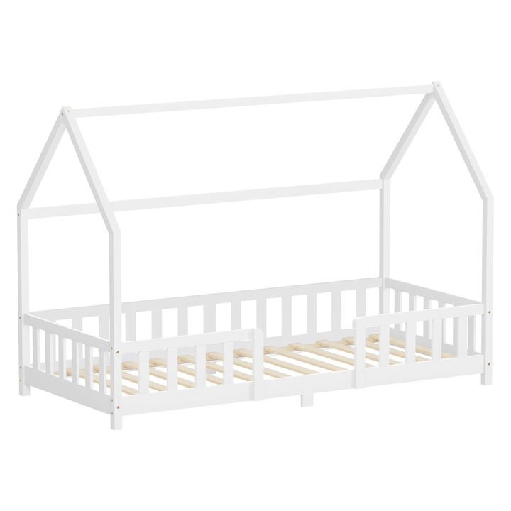 Pat casuta pentru copii ML-Design 90 x 200 cm, cadru robust din lemn masiv de pin, culoare alb, protectie anti-cadere, acoperis si somiera cu lamele, mobilier montessori pentru baieti si fete