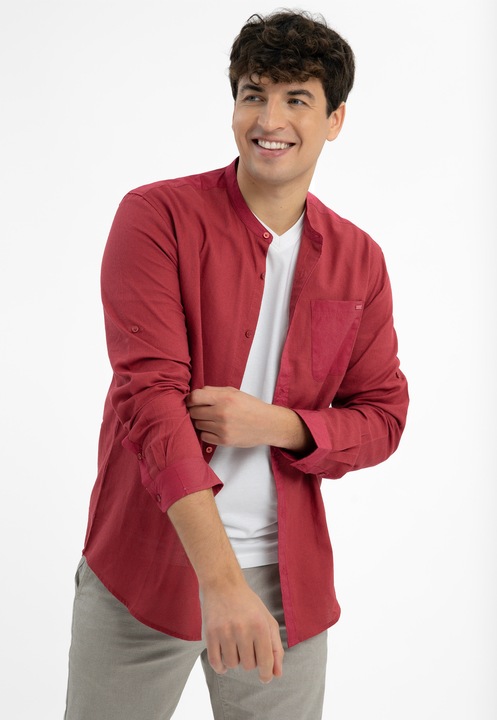 Camasa barbati din bumbac cu guler mao, maneci lungi, Regular Fit, buzunar pe piept, Volcano K-Basto, rosu, Rosu