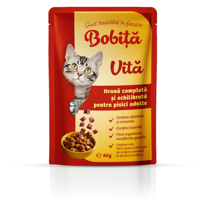 Hrana umeda pisici Bobita Vita 12 x 85g – Plic hrana completa pentru pisici adulte, Vita