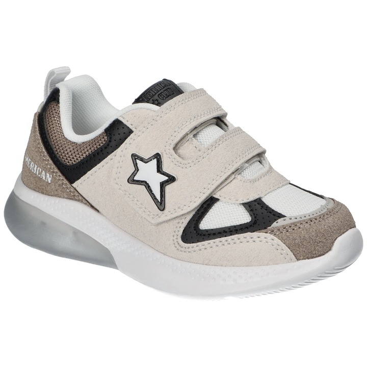 Pantofi sport copii American Club ES212, cu talpa LED luminoasa, velcro, brant profilat din piele, foarte usori, Bej
