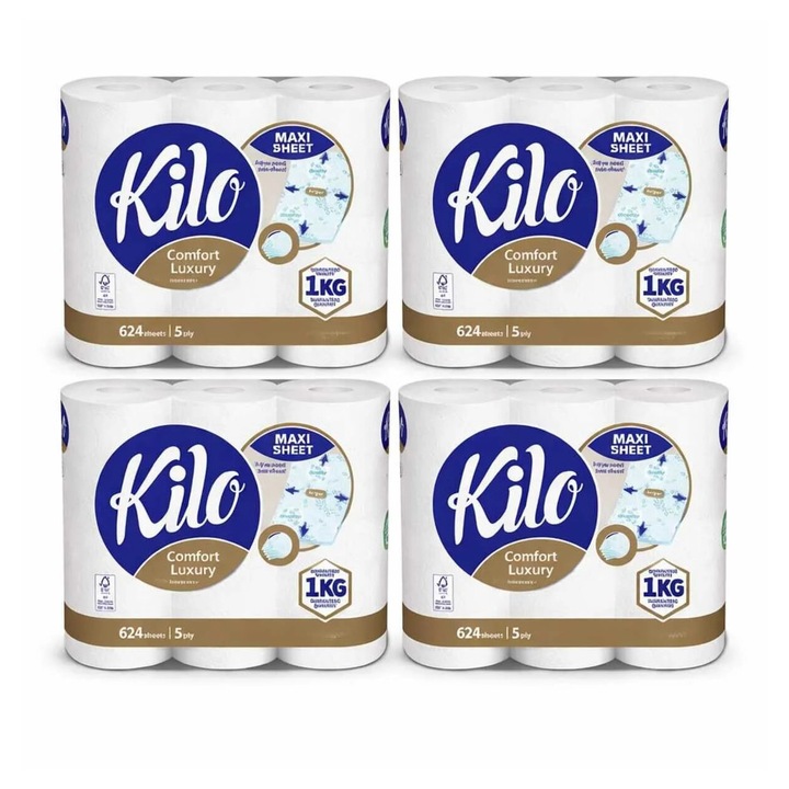 kilo Hartie igienica Comfort Luxury, 5 straturi, 24role (4seturi x 6role/set)