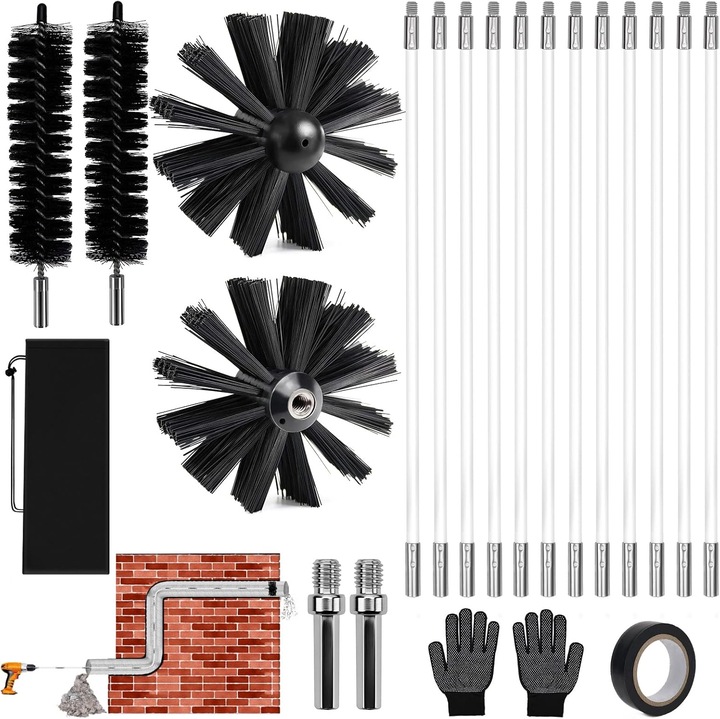 Kit de curatare cos de fum, Bedee, 22pcs, 2 perii de cos din nailon de 150 mm, 2 perii de nailon de 40 mm, 12 furtunuri POM de 410 mm lungime, 2 conectori hexagonali, 1 manusa, 1 geanta de depozitare si 1 banda adeziva, lungime maxima de 4, 9 m