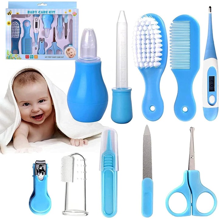 Kit complet igiena bebelusi 10 in 1, pentru nou nascuti 0+ luni, include termometru digital, aspirator nazal, forfecuta, unghiera, pila, perie, pieptan, periuta degetar, penseta, picurator, BPA Free, Albastru, trusa de siguranta My First Baby Care Set