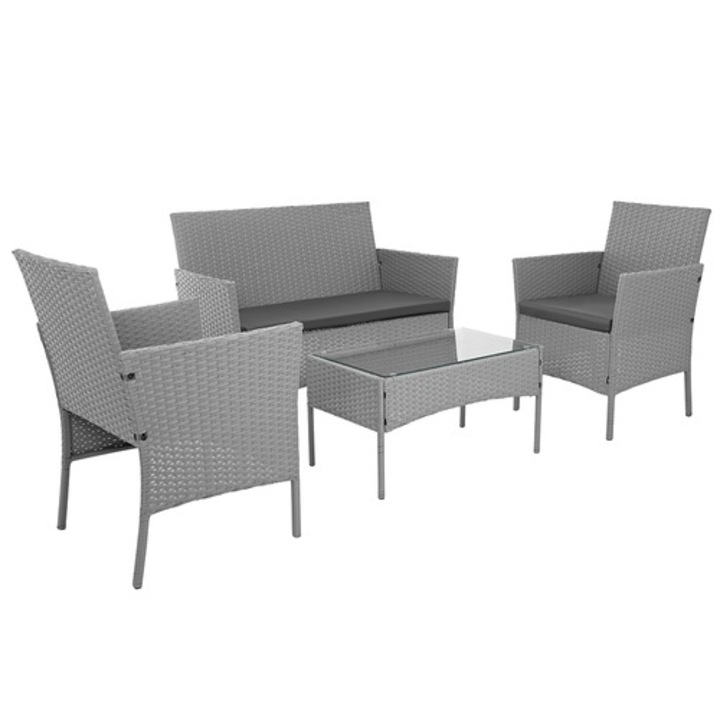 Set mobilier gradina ratan gri deschis cu canapea 2 locuri, 2 fotolii si masa sticla, perne incluse, rezistent exterior
