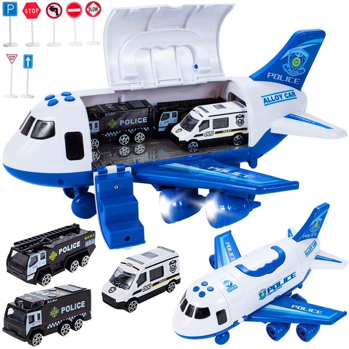 Vehicule de politie interactive propulsate de avioane care pot fi deschise cu sunet si lumini 1:64 Malplay