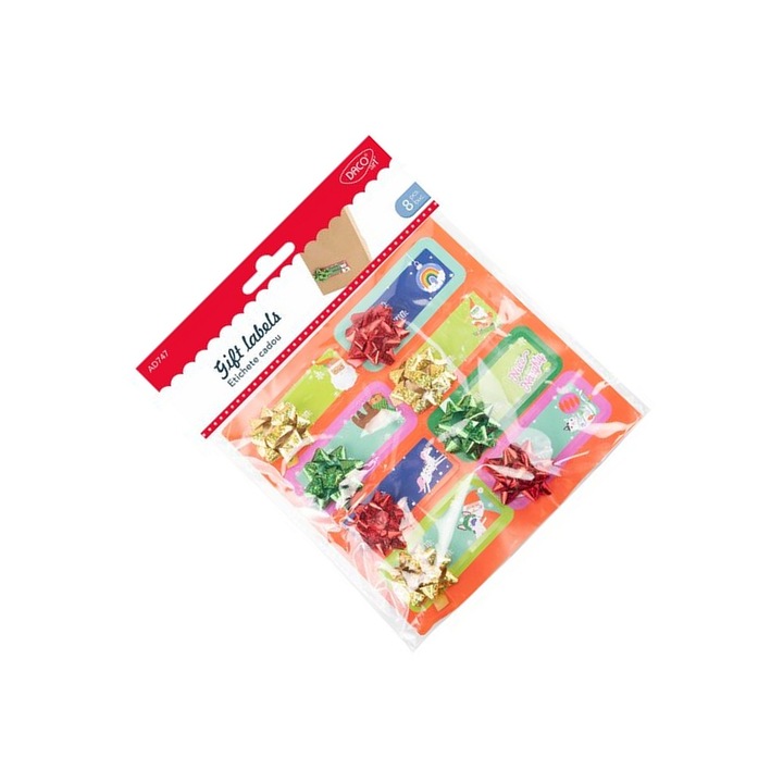 Set creativ de etichete cadou festive cu fundite, 8 etichete, DACOart, 7, 5x3, 2cm, colorat