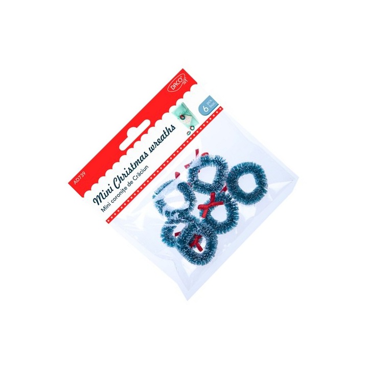Set 6 Mini Coronite de Craciun DACO, 4cm, plastic, sarma, textil