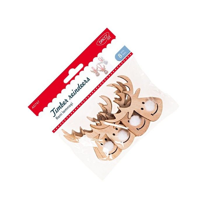 Set accesorii craft DACO, 8 reni lemnoși cu detalii decorative, colorat, 6, 5x7cm
