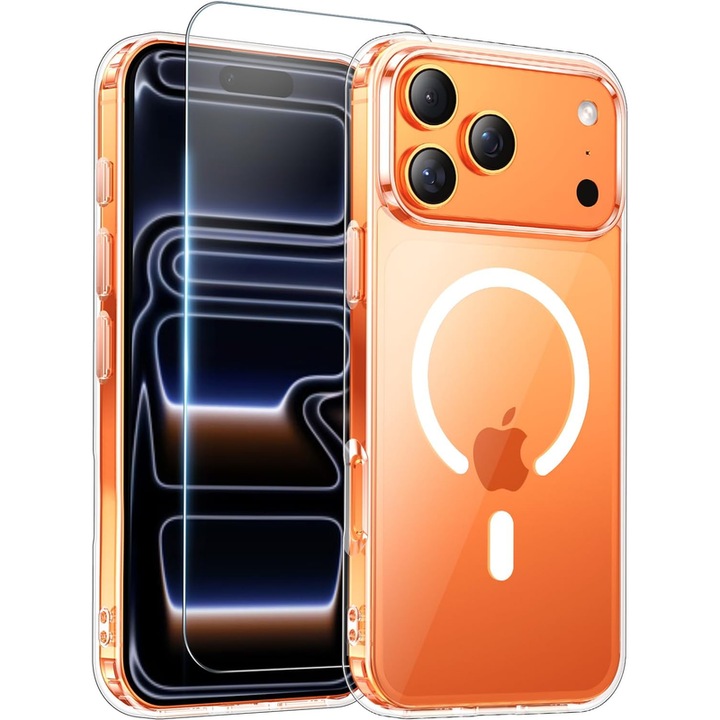 Кейс за iPhone 17 PRO MAX, прозрачен защитен калъф GuangTI с MagSafe за безжично зареждане, комплект с 9H закалено стъкло, защита от жълто, удароустойчив, защита с въздушна възглавница в четирите ъгъла, прозрачен