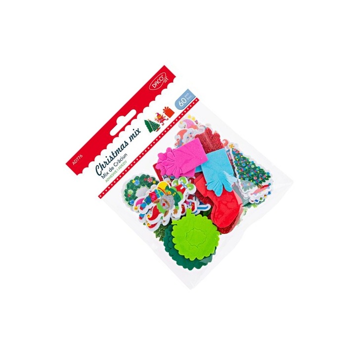 Set Accesorii Craft Daco, Mix Decorativ de Craciun, 60 piese, spuma autoadeziva, pentru copii 4+ ani