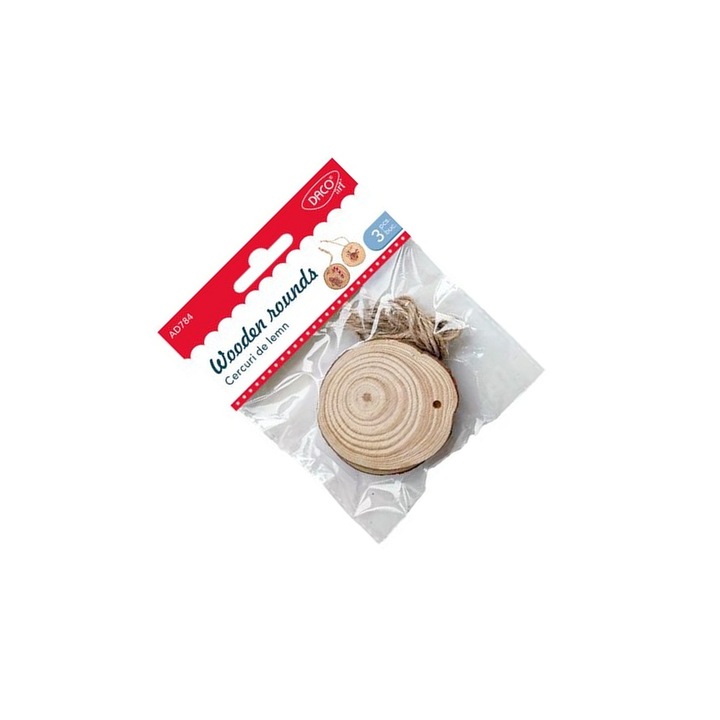 Set 3 cercuri lemn natural decorare DIY Daco, 5, 5cm, cu sfoară