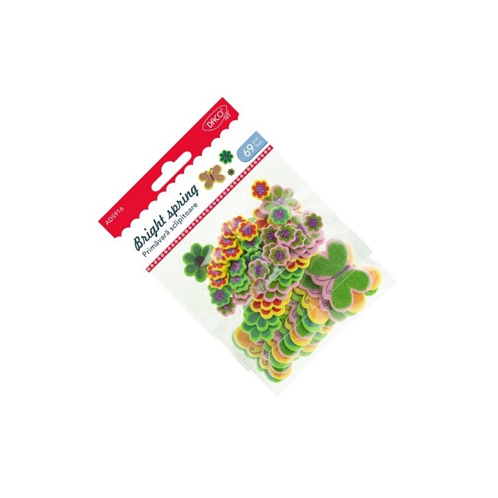 Set accesorii craft Daco, flori și trifoi autoadezive, 69 piese, multicolor, pentru copii 3+ ani