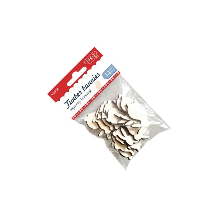 Set accesorii craft Daco, iepurasi lemnosi, 14 buc, 3cm x 4cm
