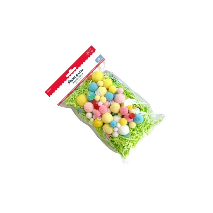 Set Accesorii Creative DACOart pentru Decoratiuni de Paste, 25g iarba din hartie cu pom-pom-uri, multicolor