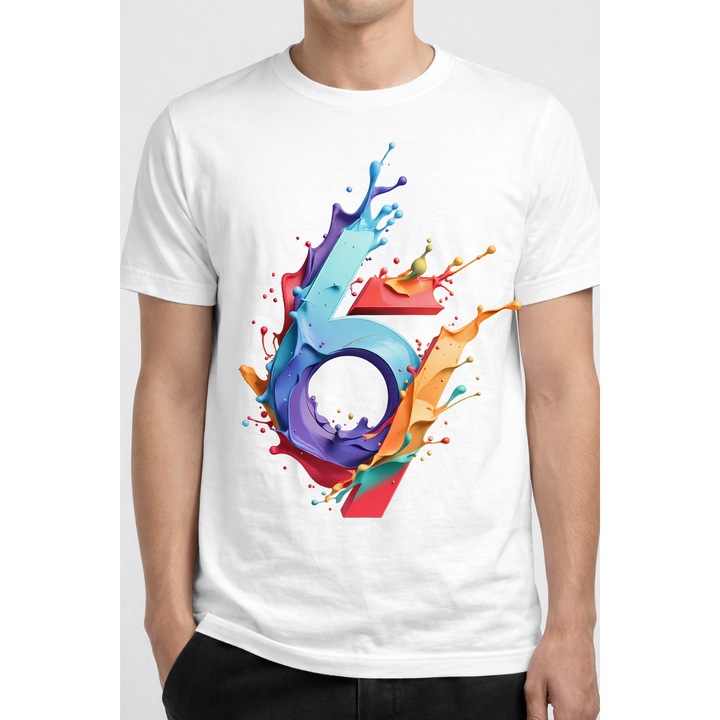 Tricou Alb Personalizat Six Seven Splash Color, Bumbac 100%, Design Modern Unisex, Tricou Casual Premium, Cadou, Alb