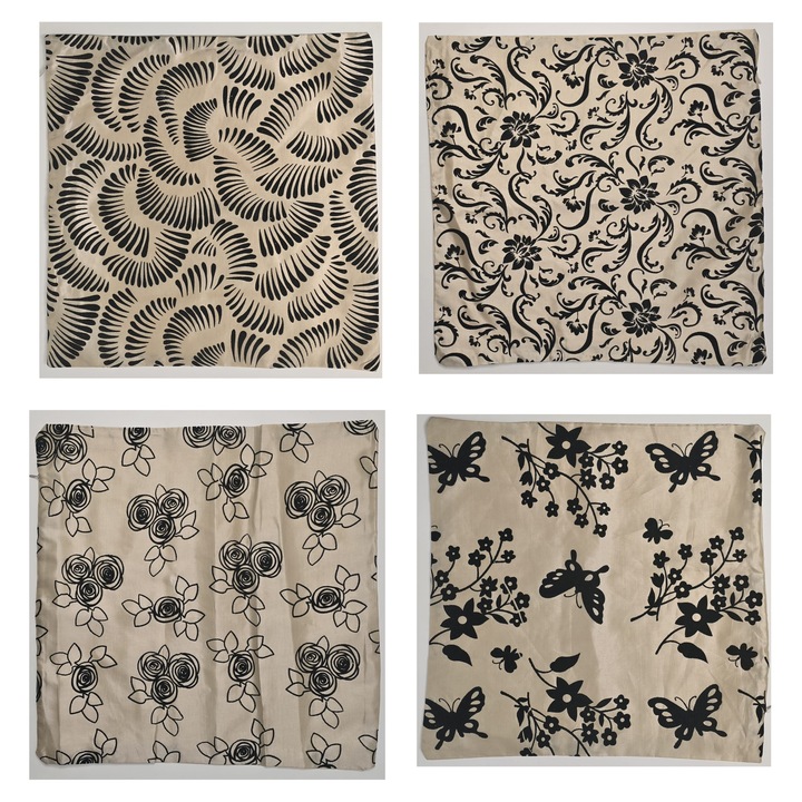 Set 4 Fete de perna elegante cu model flori si frunze stilizate in stil natural, alb si negru – 45x45 cm, inchidere cu fermoar