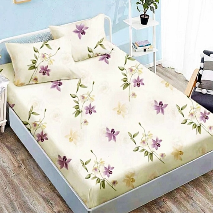 Cearceaf pat 160x200 cu elastic din finet, set cu 2 fete de perna, crem cu flori mov si galbene si frunze verzi, Pucioasa
