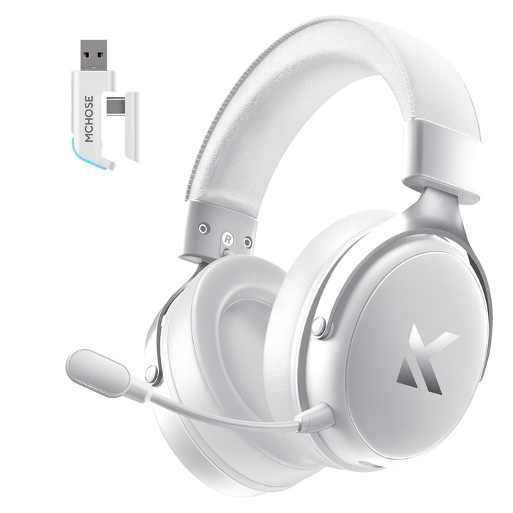 Casti de gaming wireless MCHOSE V9 PRO, sunet surround 7.1, pentru PS5, PS4, PC, SWITCH, TOPSPEED, microfon cu anulare a zgomotului, baterie de 250 ore, latenta redusa de 15 ms, greutate redusa, BT 5.3 FPS, jocuri Icy&White