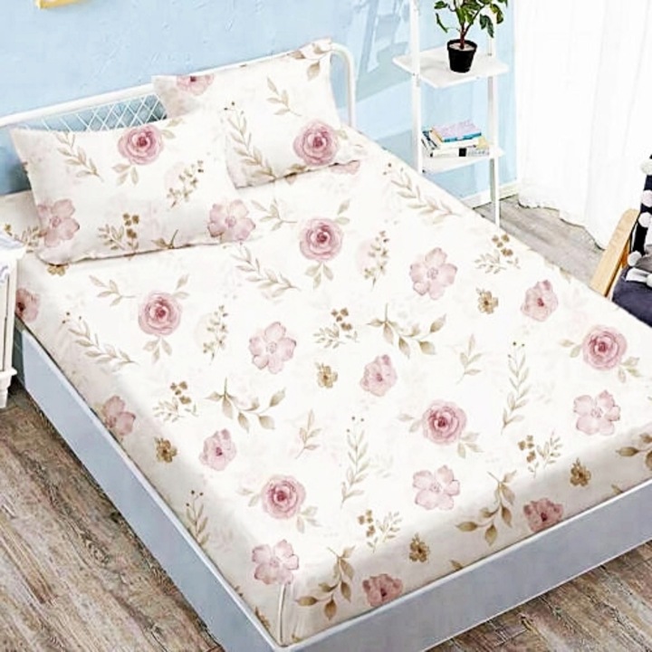 Cearceaf pat 160x200 cu elastic din finet, set cu 2 fete de perna, crem cu flori roz si bej, Pucioasa