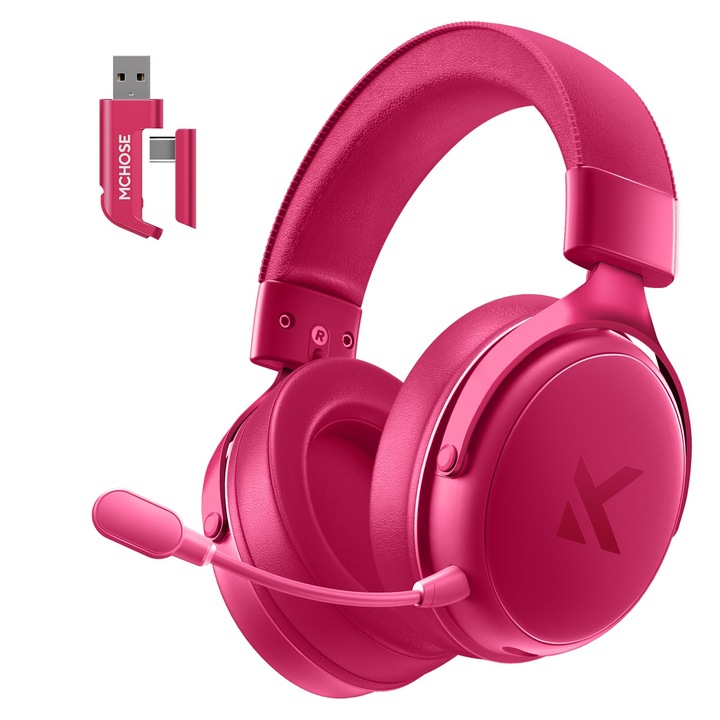 Casti de gaming wireless MCHOSE V9 PRO, sunet surround 7.1, pentru PS5, PS4, PC, Switch, TOPSPEED, microfon cu anulare a zgomotului, baterie de 250 ore, latenta redusa de 15 ms, usoare, BT 5.3 FPS, jocuri roz si rosu