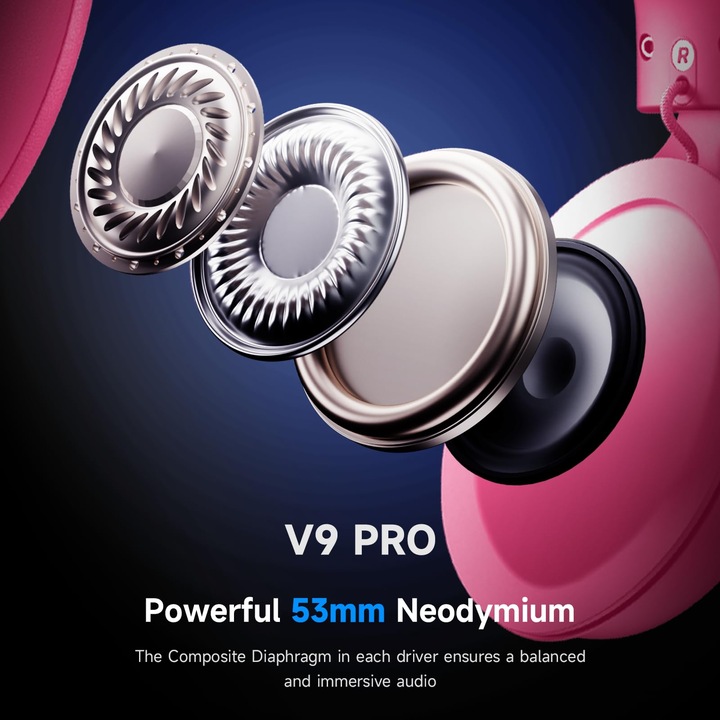 Слушалки за гейминг MCHOSE V9 PRO, 7.1 съраунд звук, за PS5, PS4, PC, Switch, TOPSPEED, безжични, микрофон с шумопотискане, 250 часа живот на батерията, розови и червени