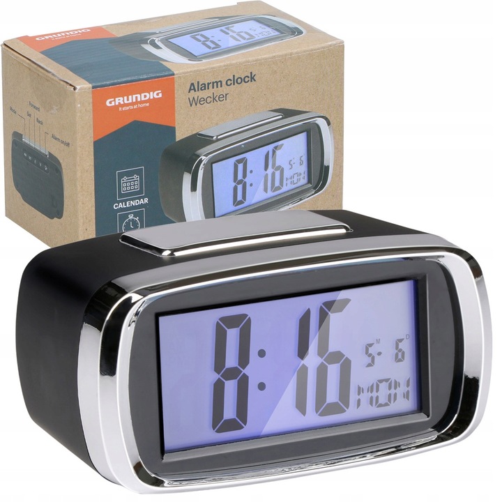 Ceas desteptator, Grundig, digital, calendar, negru-argintiu, ecran LCD, functie snooze, compact, ideal pentru calatorii, alimentare baterii