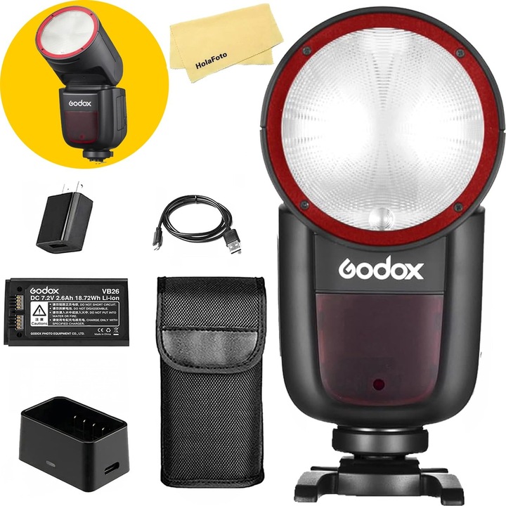Godox V1 V1-S V1S blit foto pentru Sony Flash Speedlite, 76Ws 2.4G TTL1/8000 HSS, 480 fotografii la putere maxima, timp de reciclare 1.5s, baterie Li-ion 7.2V/2600mAh, lampa de modelare LED cu 10 niveluri