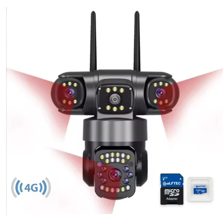 4G Камера за наблюдение със SIM карта, 9MP, 3 Камери, Въртене на 360°, 10X Цифрово увеличение, Откриване на движение, Двупосочна комуникация, LED Прожектор, Нощно виждане, IP66 Защита