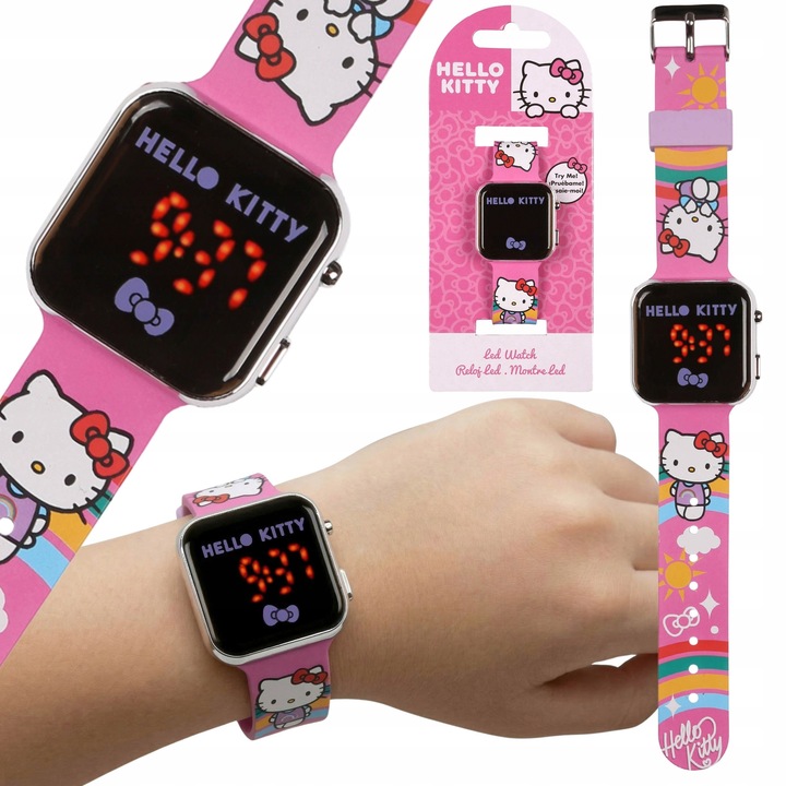 Ceas digital LED Hello Kitty, design roz, curea flexibila, ecran clar, pentru copii