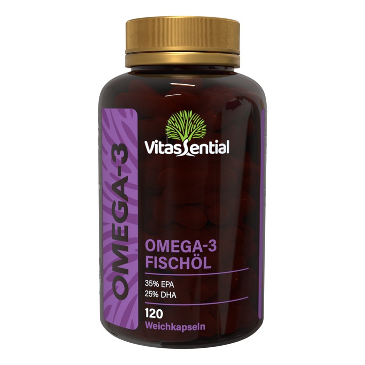 Omega 3 Forte, Vitassential, 350 mg EPA si 250 mg DHA, capsule cu extract din ulei de peste (Fish Oil) si Vitamina E, sursa de acizi grasi benefici pentru colesterol si trigliceride, 120 pastile (German label)
